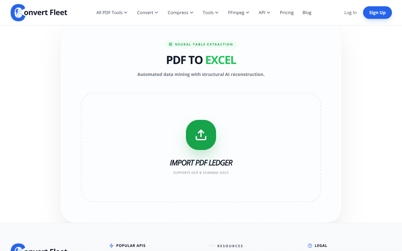 Screenshot of ConvertFleet /pdf-to-excel tool