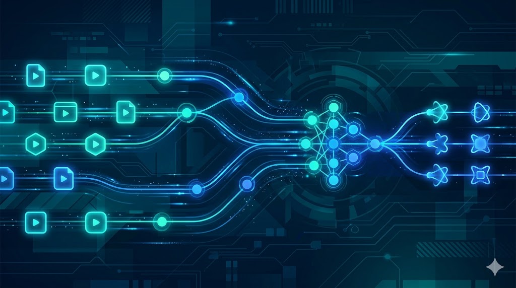 Abstract illustration of video files being processed through a digital conversion pipeline with glowing nodes