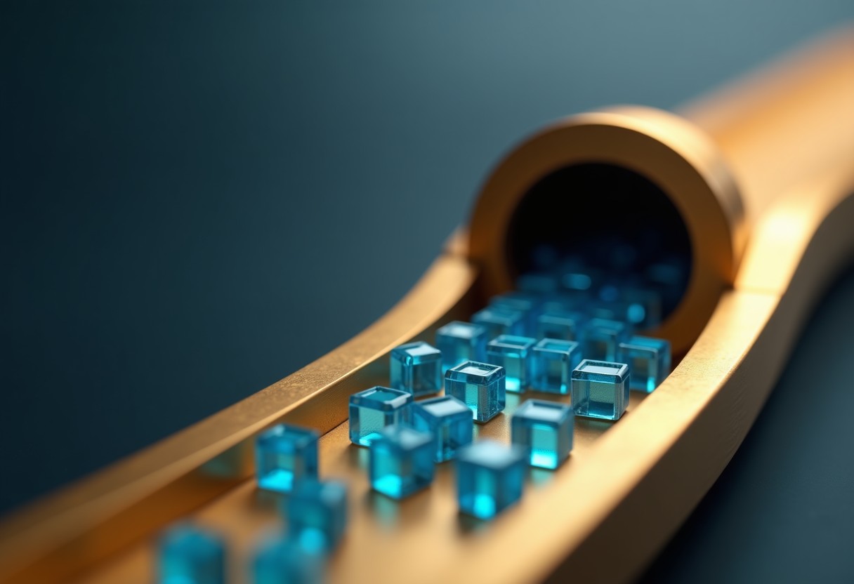 a brass conveyor belt narrowing into a too-small hexagonal aperture, with geometric data blocks jamming at the bottleneck