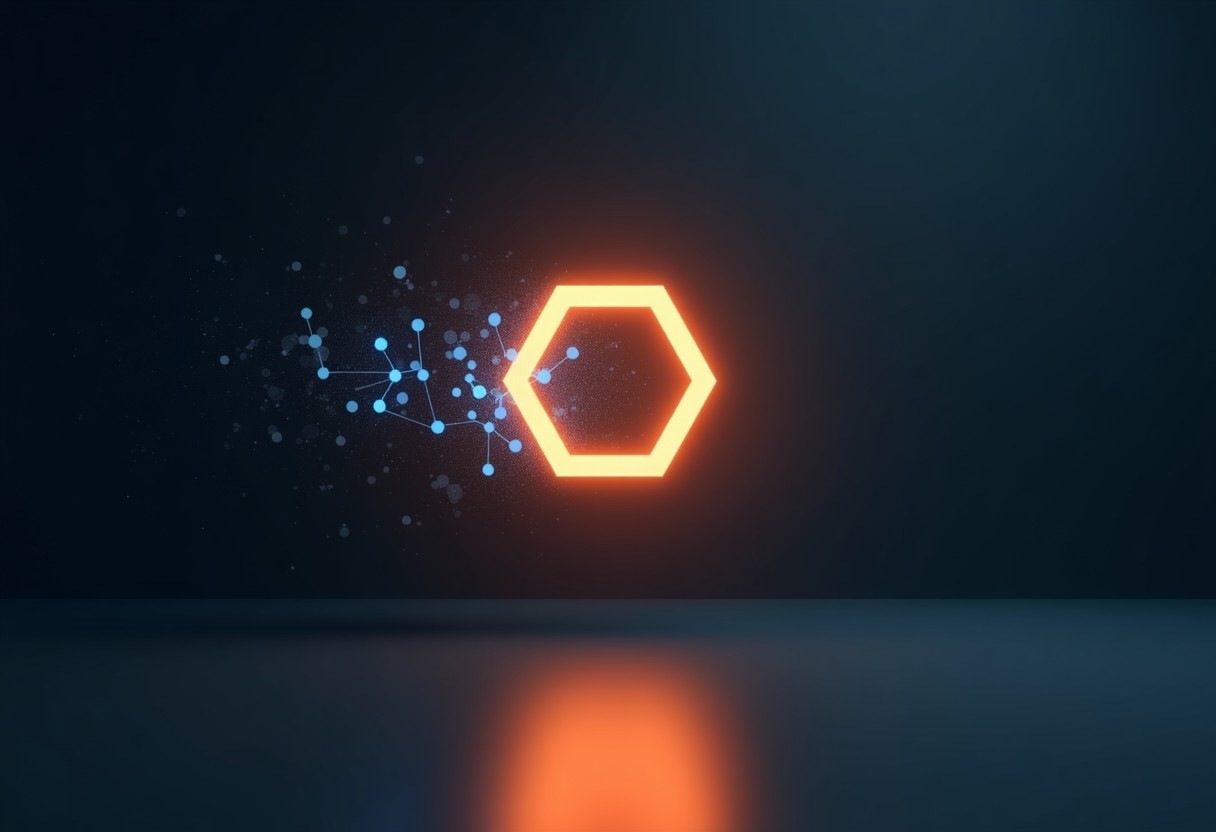 a single glowing hexagonal node replacing a tangled cluster of smaller modules, with clean geometric data streams flowing through it